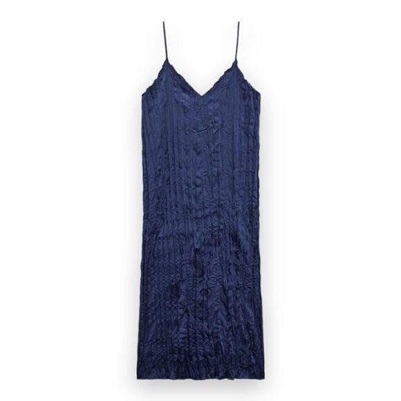 Zara Wrinkled Satin Effect Slip Dress V-Neck Midi Navy Blue US S - Picture 6 of 7